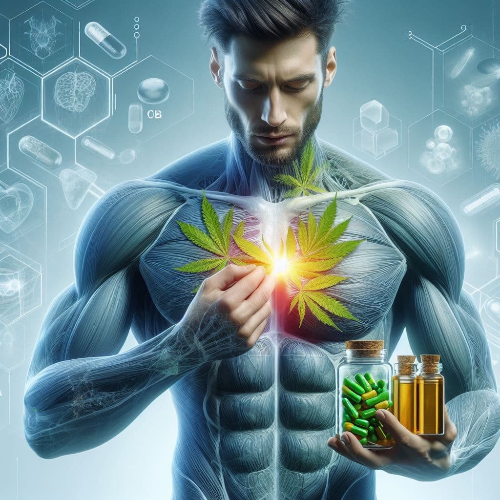 a man holding leaves to his chest with his right hand. He is holding oil and a jar full of capsule sin his left hand.  